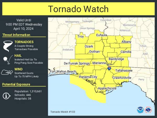 1:12pm A tornado watch has been issued for parts of Alabama, Florida and Georgia until 8pm cst