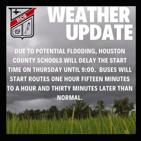 Houston County School Will Delay Start until 9:00am Thursday