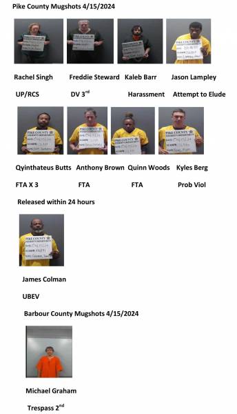 Dale County/Pike County /Barbour County Mugshots 4/15/2024