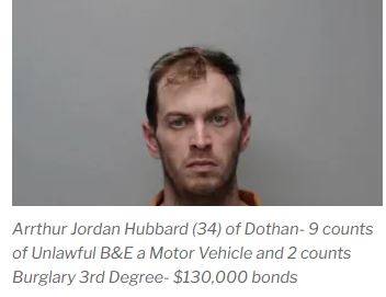 Dothan Man charged with 9 counts of Unlawful Breaking and Entering a Vehicle and 2 counts of Burglary