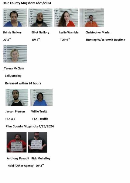 Dale County/Pike County /Barbour County Mugshots 4/25/2024