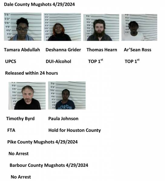 Dale County/Pike County /Barbour County Mugshots 4/29/2024